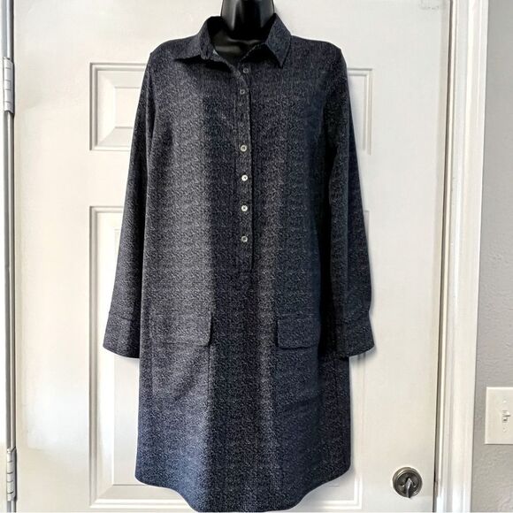 Lila Rose Blue Black Print Stretch 1/4 Button Popover Shirt Dress Academia 8 M - Picture 1 of 12